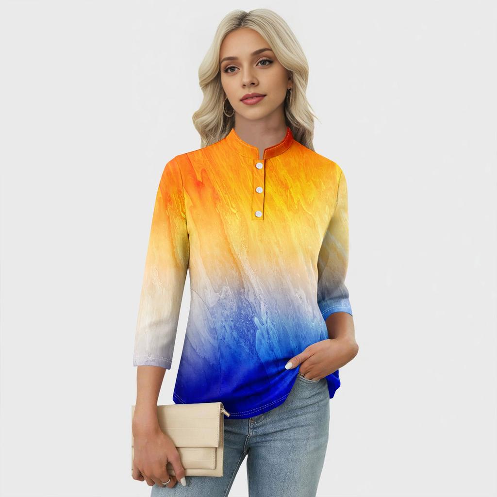 Haut T-shirt Décontracté pour Femme à Imprimé Floral, Col en V, Manches 3/4, Bouton Décoratif
