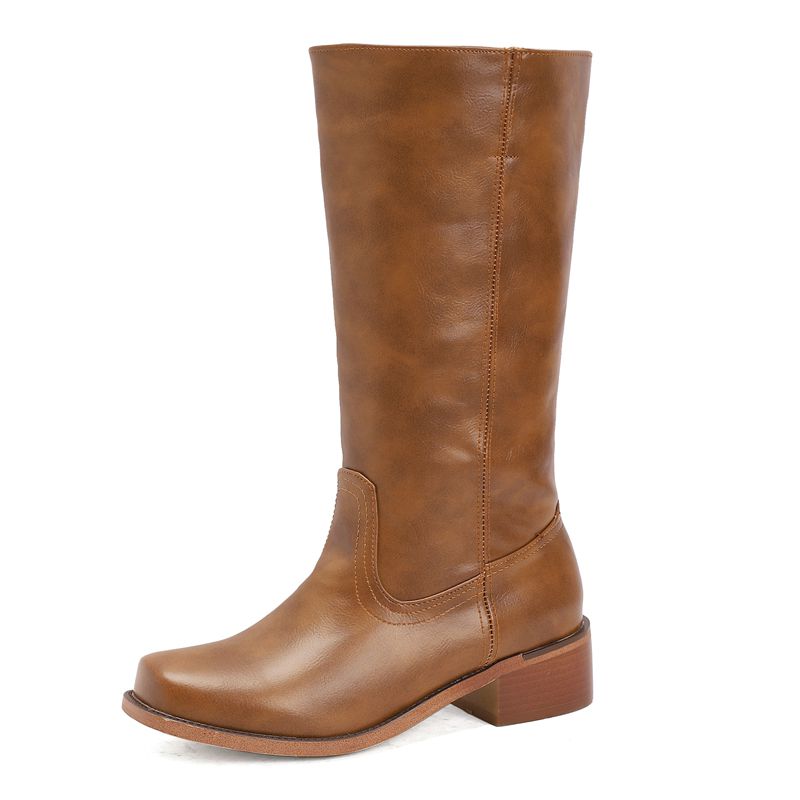 2025 Vintage Western Boots for Women Square Toe Block Heels 4.5cm Slip on Plus Size 47 48 Leisure Daily Mid Calf Bota
