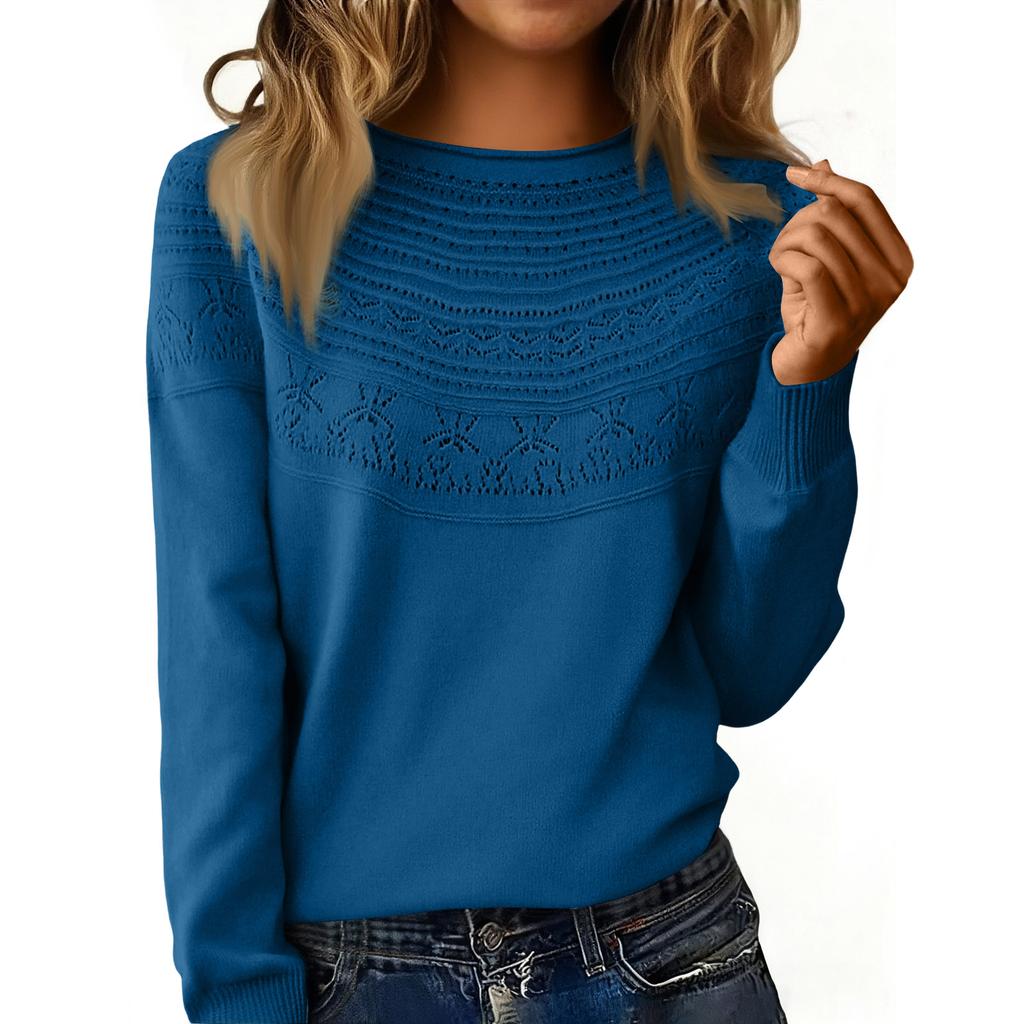 Women's Fashion Rolled-Collar Round Neck Lace-Up Pullover Knit Sweater Long Sleeve Solid Color Sweater