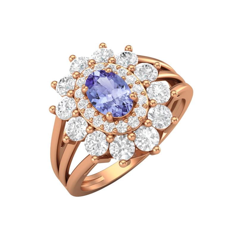 6X4MM Oval Tanzanite Gemstone 925 Sterling Silver Rose Plated Halo Split Shank Ring