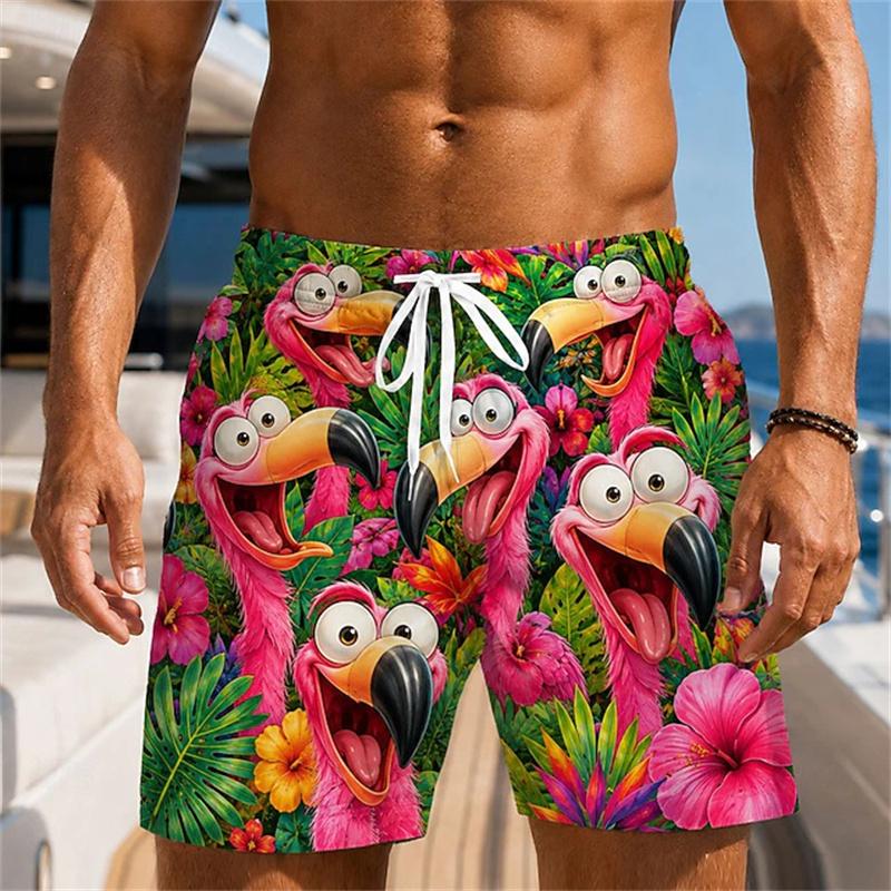 Men Quick‑Dry Board Shorts Funny Cartoon Jungle Animal Print Tropical Floral Pattern Elastic Waist Summer Beach Swim Trunks