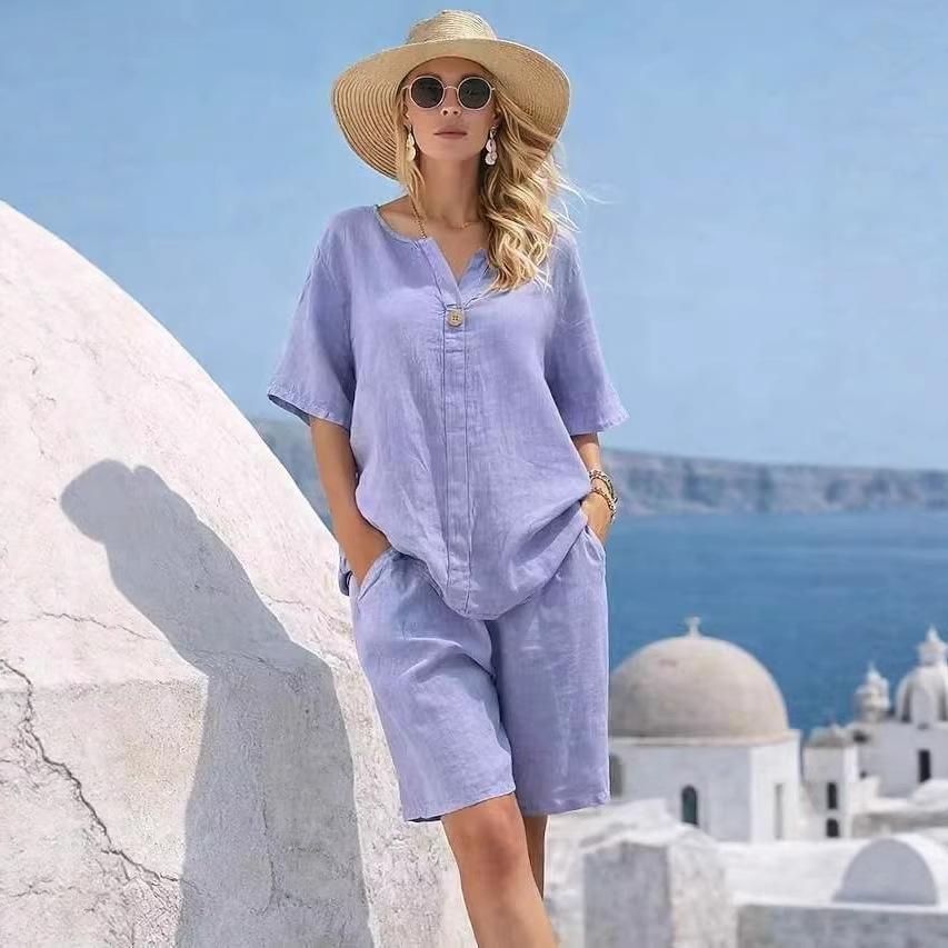 Women Pink Short Sleeve Top and Shorts Set Casual V Neck Button Loose Fit Two Piece Outfit