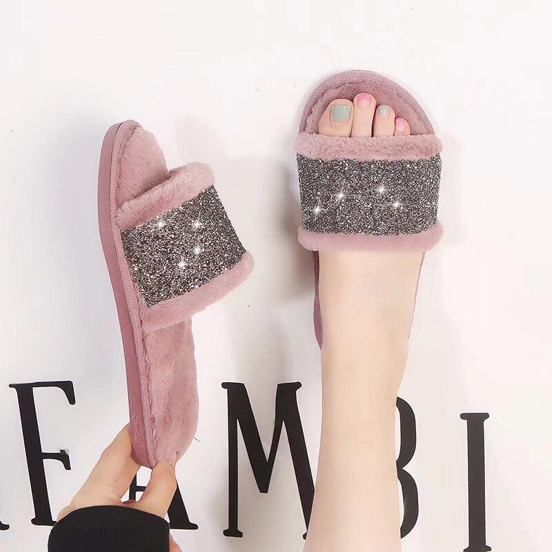 Fashion Fashion Bling Cotton Slippers for Women Open Toe Slip On Fur Slippers Woman Autumn Winter Faux Fur Indoor Flats Fur Slides Mujer