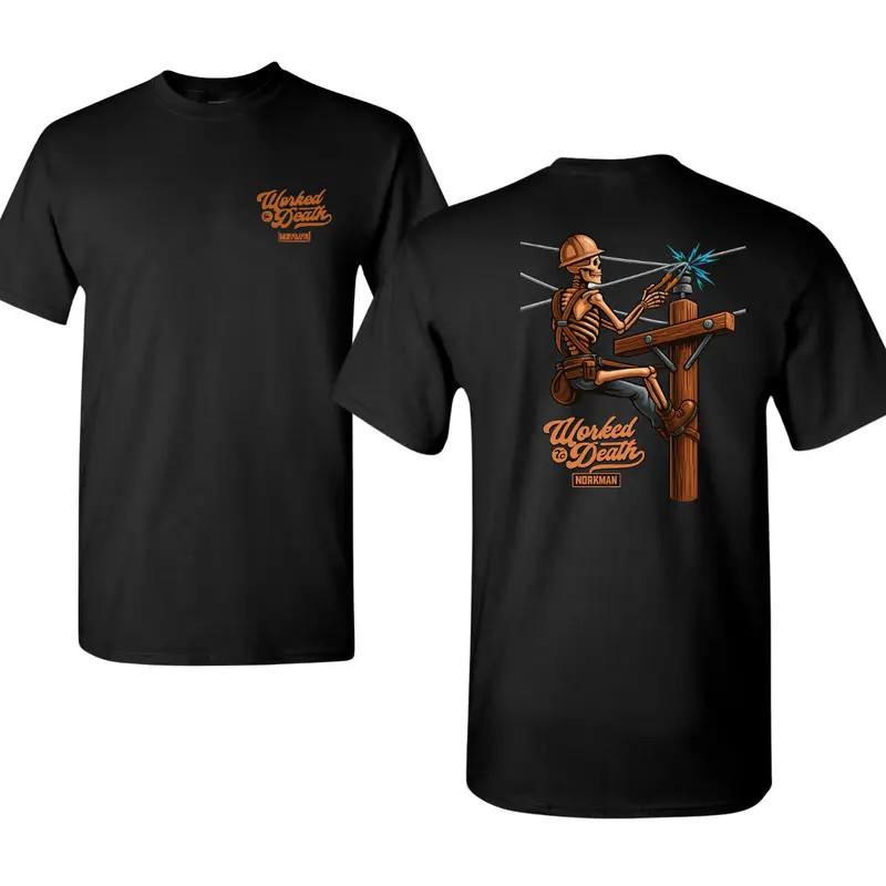 Worked to Death Skeleton Lineman Shirt with Colorful Power Pole Scene, 2 Sides B S разноцветный