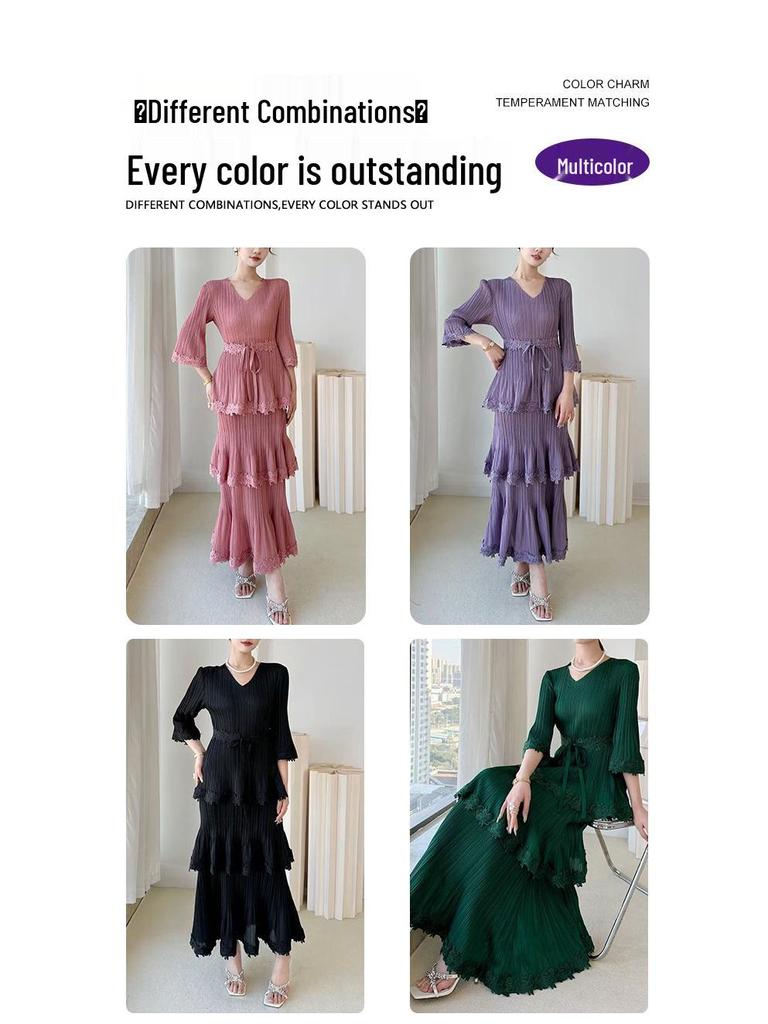 Miyake 2026 High-End V-Neck Tie-Up Layered Midi Dress