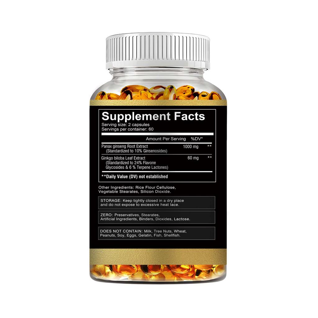 Vegetarian Ginseng Root Extract Capsules, Ginkgo Biloba 60mg, for Boosting Energy and Concentration, Suitable for Both Men and Women.