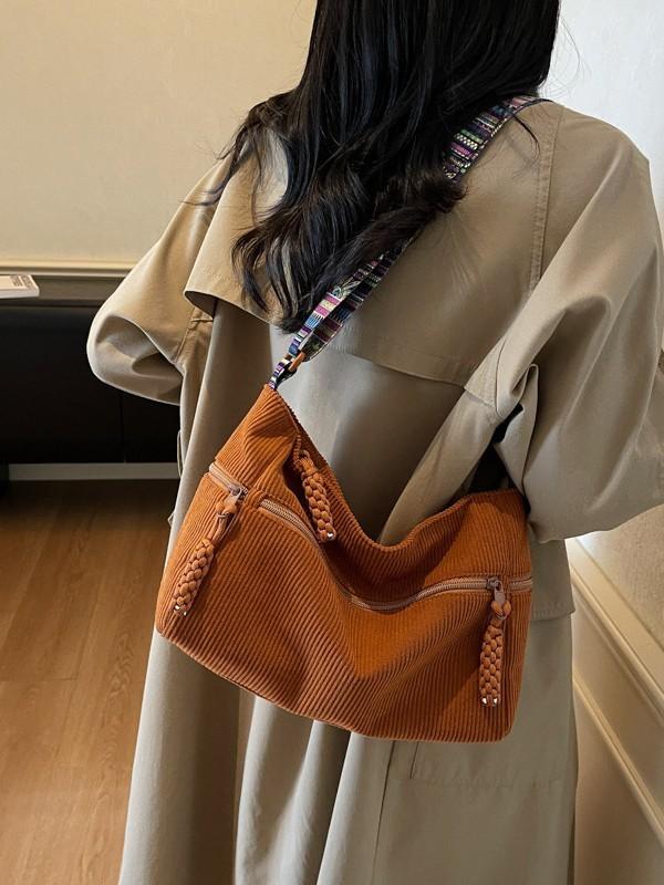No Brand Casual Corduroy Shoulder Bag With Zipper Closure For Daily Use
