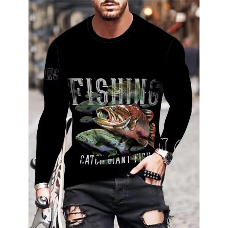 Men's O Neck Long Sleeves Full Body Fish Pattern Moisture Absorption Quick-Drying Fishing Hiking Bicycles Sports 3D T-Shirts