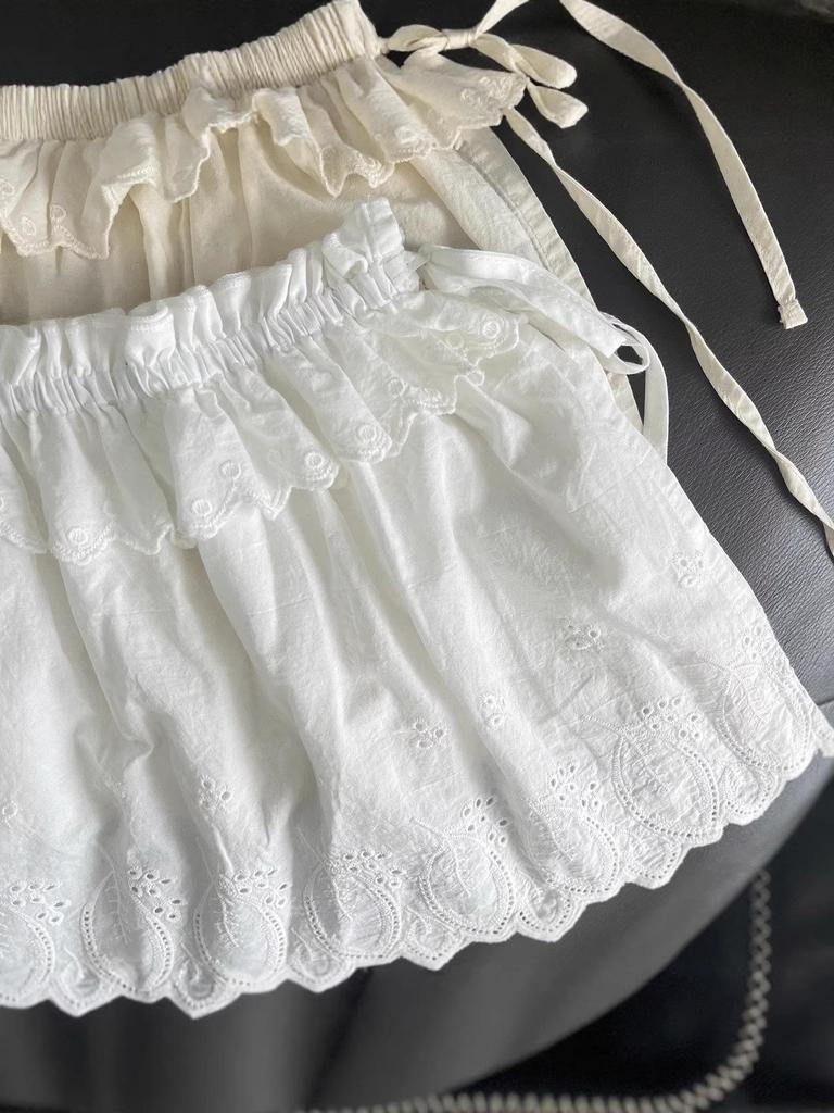 Women's Casual Versatile Sweet Side Tie Layered Cotton Skirt with Embroidered Apron