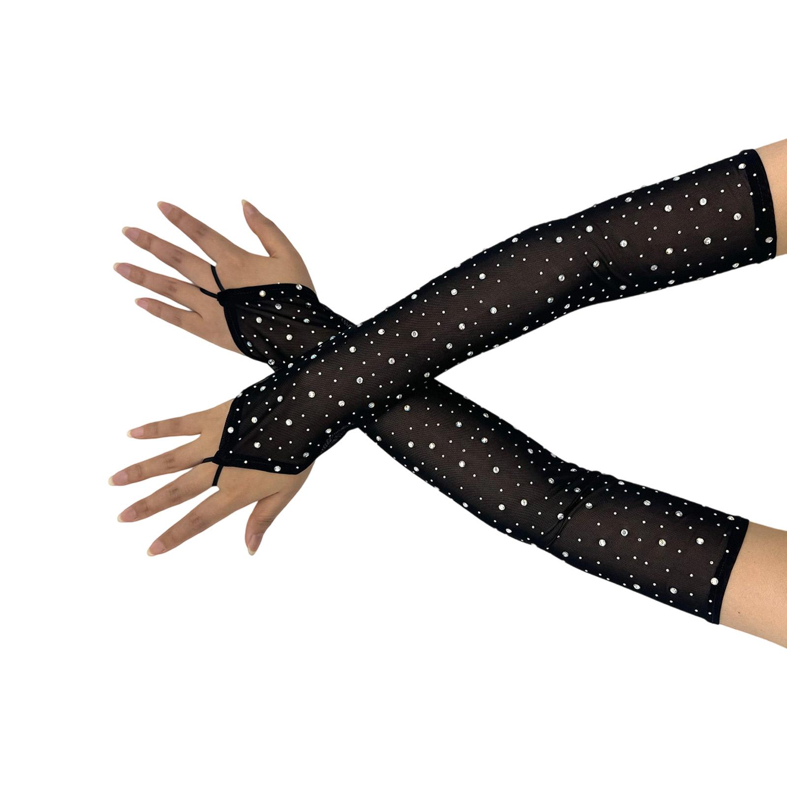 

Delicate Fingerless Gloves With Shining Rhinestones Detail Sparkling Armwear for Female Formal Occasion Music Festival чорний