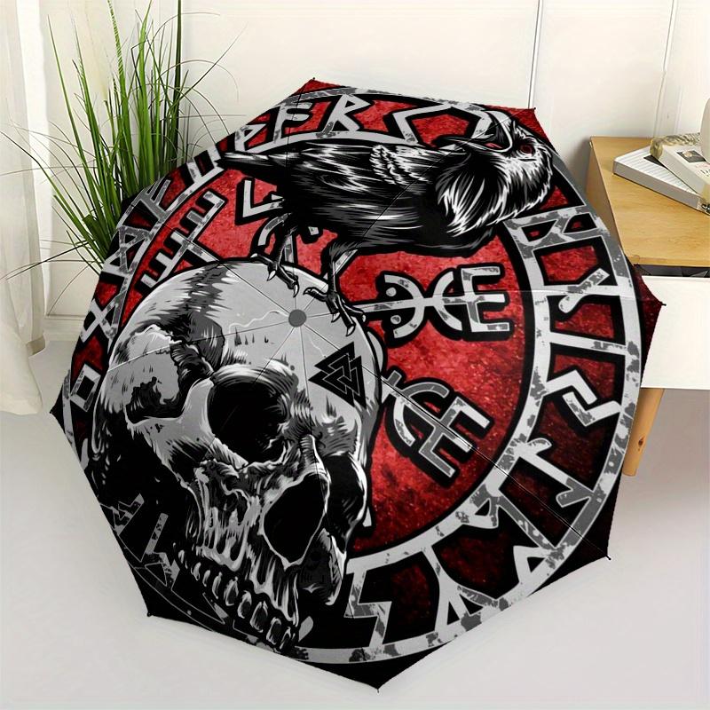 Raven Skull Norse Symbol Viking Tattoo Design StickerUmbrella, Portable 3-Fold Compact Umbrella,Christmas Gift ES592