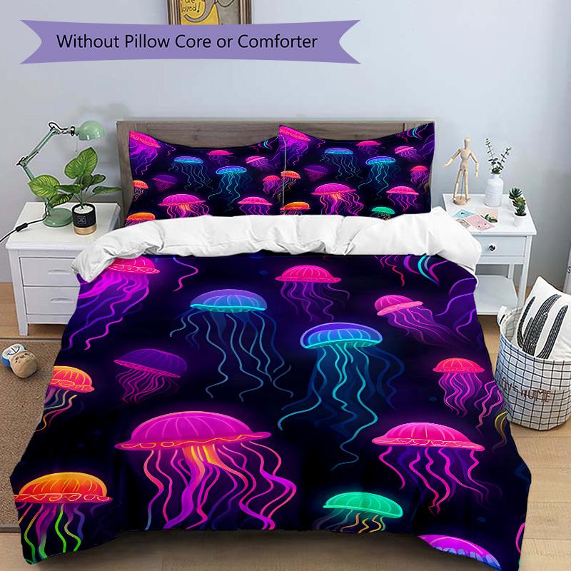 3pcs Jellyfish, Neon Print Bedding Set, Ideal for Home Use, Suitable for Bedroom Decor (1*Duvet Cover + 1/2*Pillowcases, No Core) yy250821180