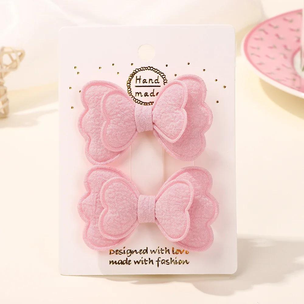 2Pcs Candy Colored Hair Clip Se Double Layered Bow Cute Bangs HairPin Cotton Safe Children's T for Girls Hair Accessories