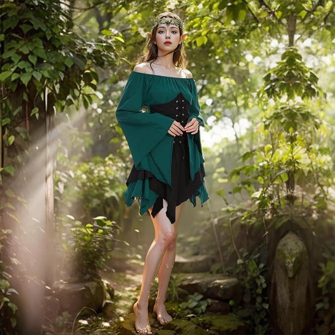 Magical Forest Elf Costume, One Shoulder Trumpet Sleeve Medieval Dress, Suitable for Halloween Cosplay, Renaissance, and Theme Parties
