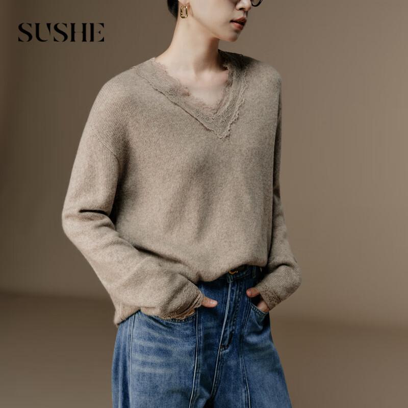 

SUSHE Women s Tencel Cashmere Wool V-Neck Knit Top with Lace Splice M