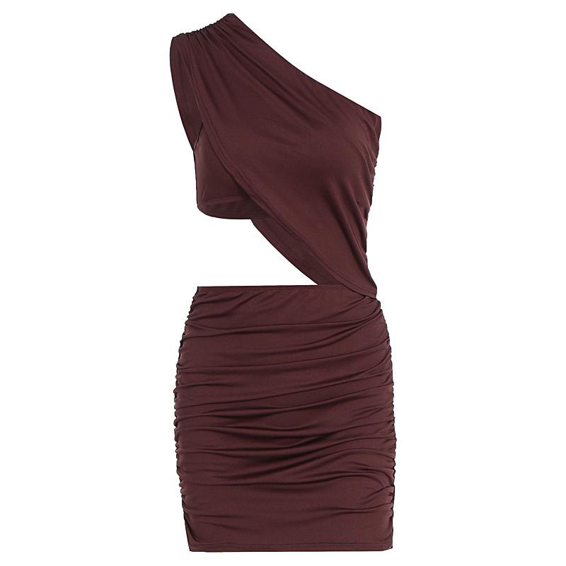 Summer New European and American Style Women's Clothing Fashion Slanted Shoulder Design Waist Tight Hip-wrapped Pleated Dress