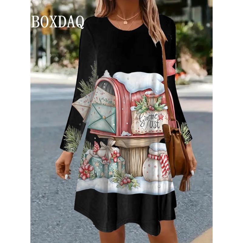Winter Women's Christmas Party Dress Fashion 3D Trend Funny Santa Claus Printed Dress Long Sleeve O-Neck