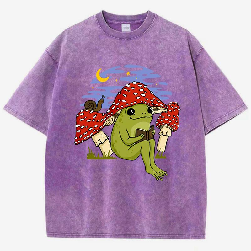 Cute Frog Mushroom Hat Reading Book Print Washed T-Shirt Women Jogging Cotton T Shirts Vintage Clothes Loose Short Sleeve