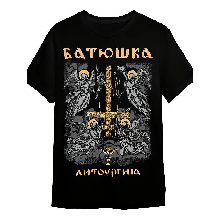 Men's Black Short Sleeve BATIUSHKA Gothic Cross and Angelic Skeleton Band Logo Metal Music Festival and Alternative Fashion