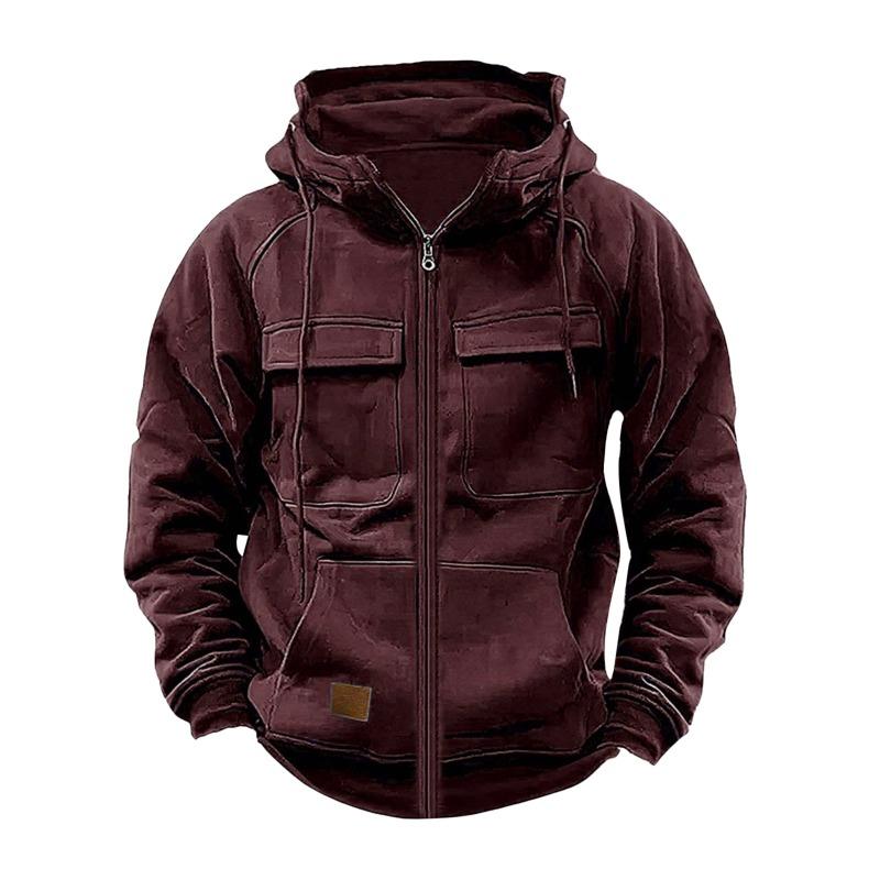 Men S Hooded Solid Color Loose Fit Multi Pocket Zip Sweatshirt