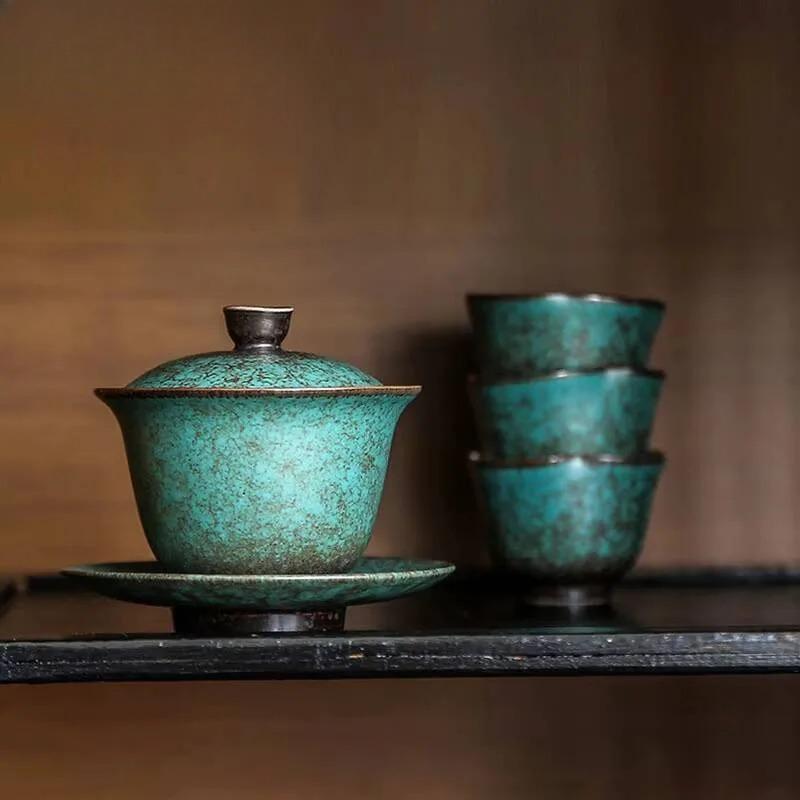 150ml Japanese Style Turquoise Glaze Ceramic Sancai Gaiwan Retro Kiln Change High-capacity Tea Cover Bowl Drinkware Customized