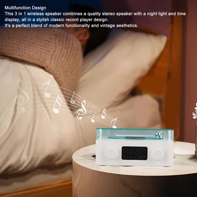 Record Player Style Bluetooth Speaker with Night Light and Time Display 3 In 1 Multifunction Small Stereo Wireless Speaker