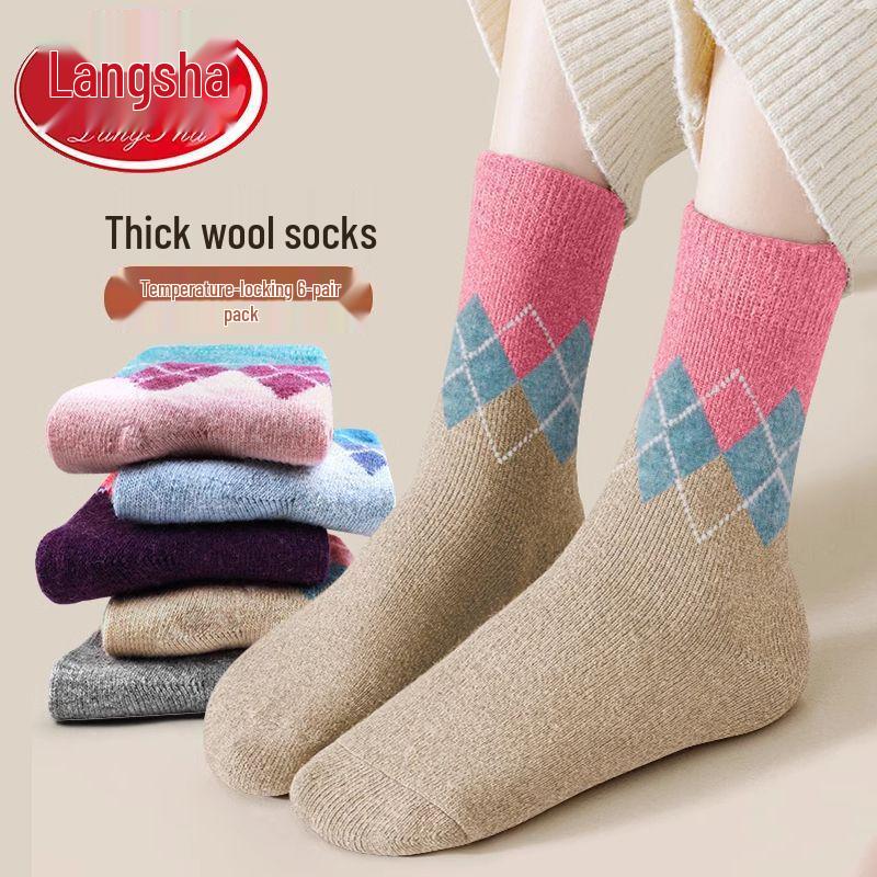 Langsha Women's Thickened Mid-Calf Rabbit Wool Plaid Socks for Autumn and Winter.