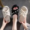 Women Solid Color Pearl Slippers Ladies Middle Heel Anti-slip Soft-sole Comfortable Thick Bottom Beach Sandals Footwears