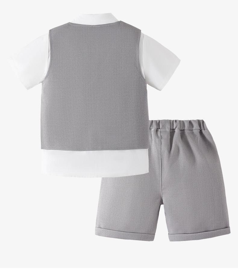 Boys' British Style Summer Formal Three-Piece Set: Short-Sleeve Vest, Shorts, and Bow Tie
