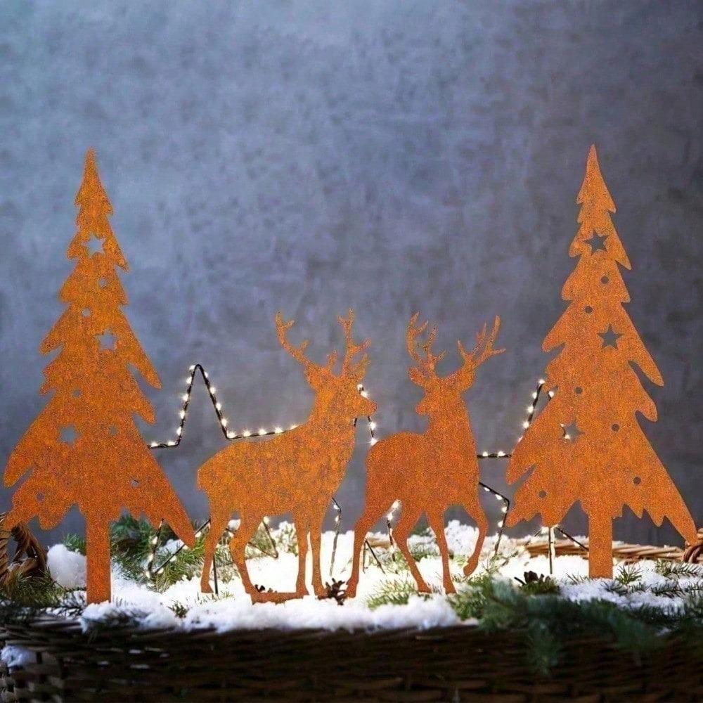 4-Pack Vintage Deer Tree Sculptures Metal Garden Statues for Lawn Patio Outdoor Yard Art Farmhouse Decor Indoor Plant Accents