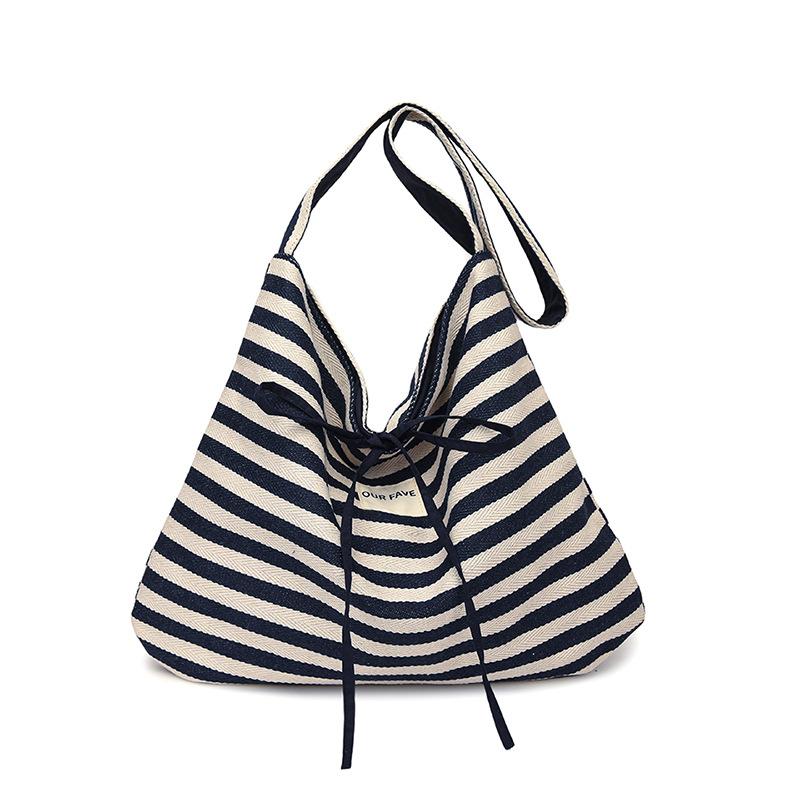 Bow striped canvas bag women lazy large capacity lightweight shoulder messenger bag