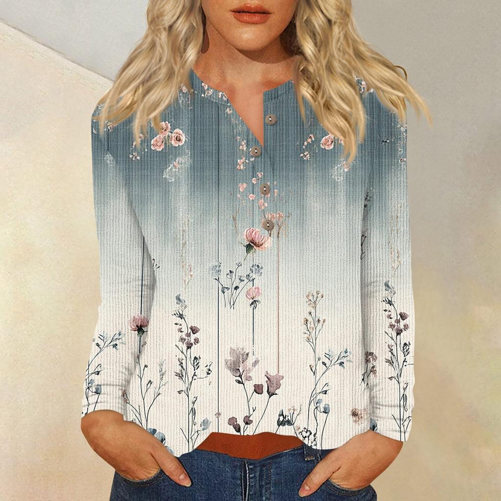 Women's T Shirt Tee Print Button Long Sleeve Daily Weekend Fashion Basic V- Neck Regular Top