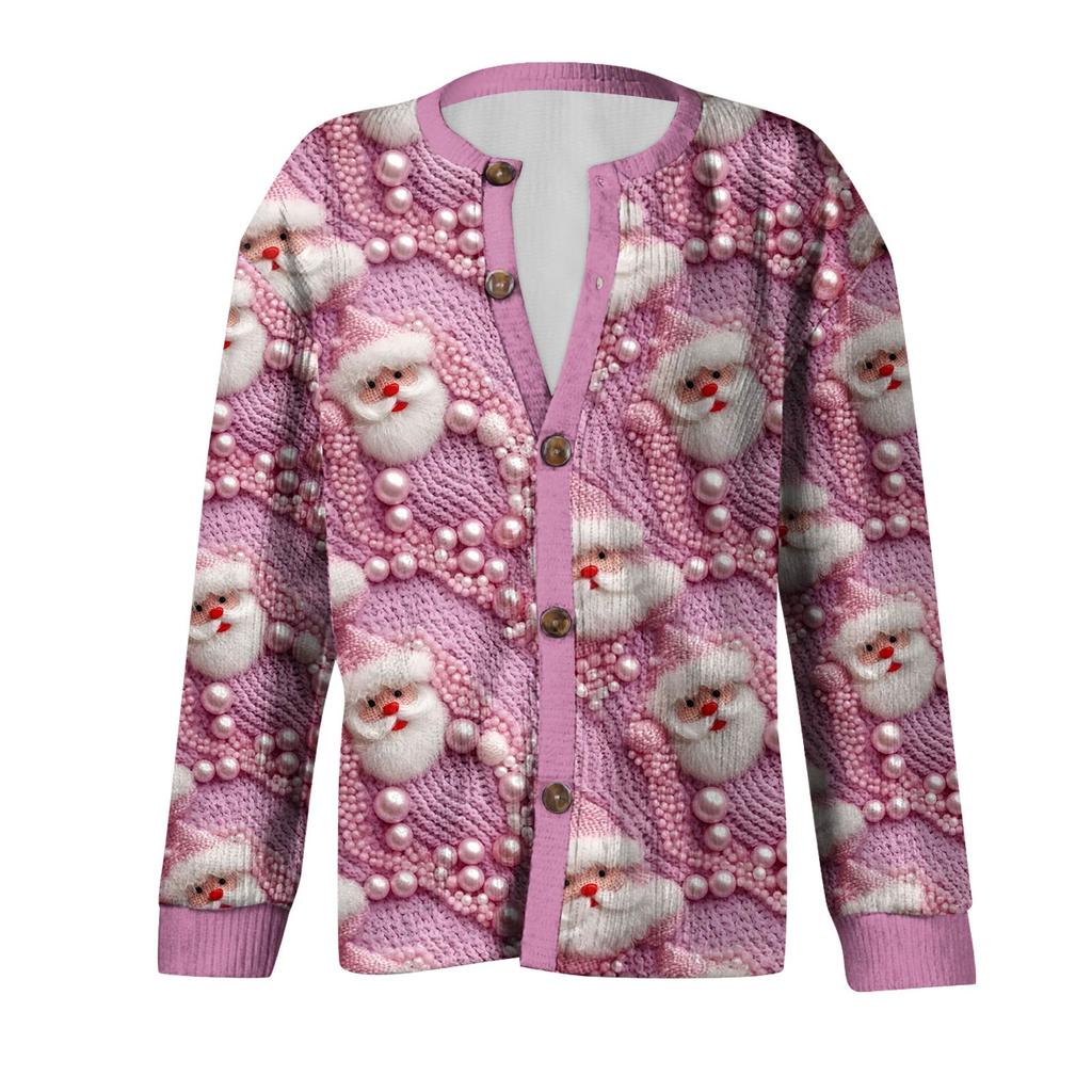 Women's Fashion Christmas Printed Long Sleeve Knitted Cardigan Button Down Jacket
