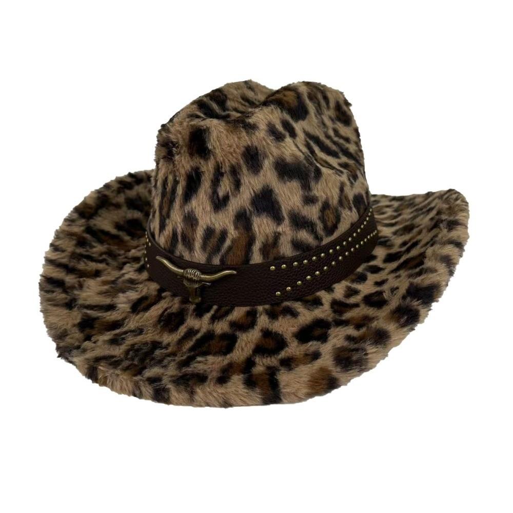 Windproof Plush Cowboy Hat Wide Brim Leopard Print Hat Retro Western Cowboy Hat  Autumn Winter Wear
