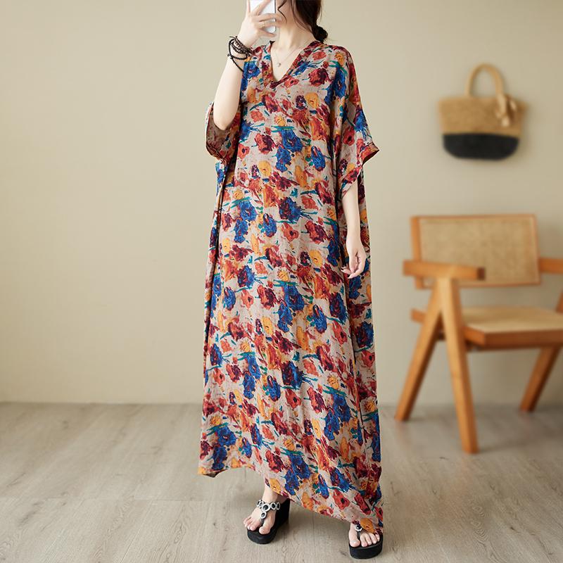 Summer V-Neck Cotton & Linen Loose Fit Literary Beach Dress