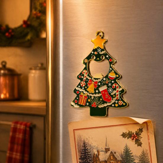 Holiday Party Gift for Friends Christmas Tree Bottle Opener, Metal Beer Cap Opener with Magnet Solid Fridge Sticker, Festive Kitchen Decor,