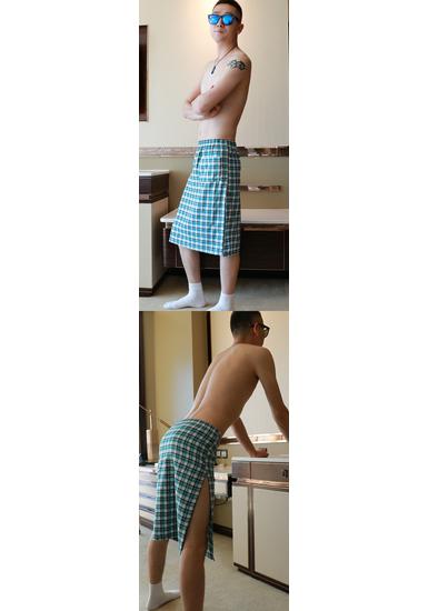Men's Plaid Cotton Nightgown - Breathable, Sweat-Absorbing Casual Home Bath Skirt 015JJQ