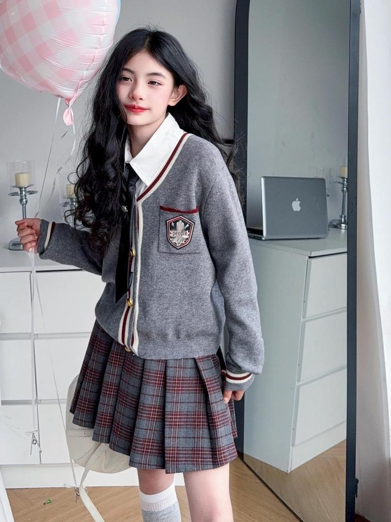 Girls' 2025 Preppy-Style Knitted Cardigan, Shirt & Pleated Skirt Set for Spring/Autumn
