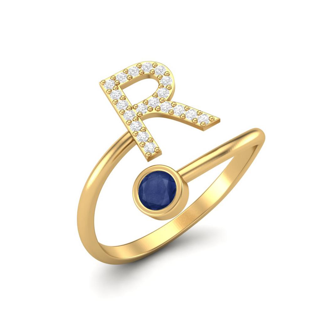 Capital R Initial Letter Blue Sapphire 925 Sterling Silver Gold Vermeil Adjustable Front Open Women Ring