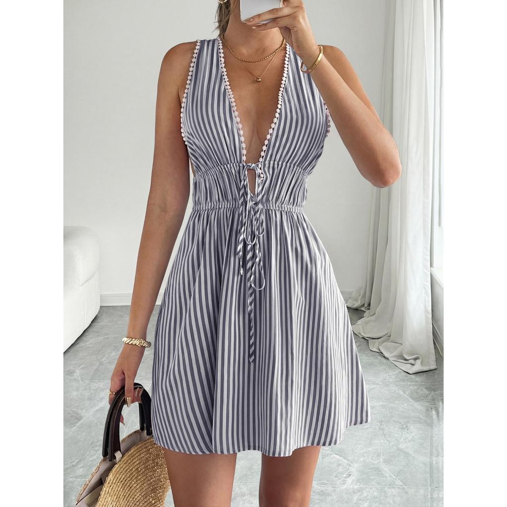 Summer Vacation Style Women's Sleeveless Striped Deep V Neck Sexy Mini Dress