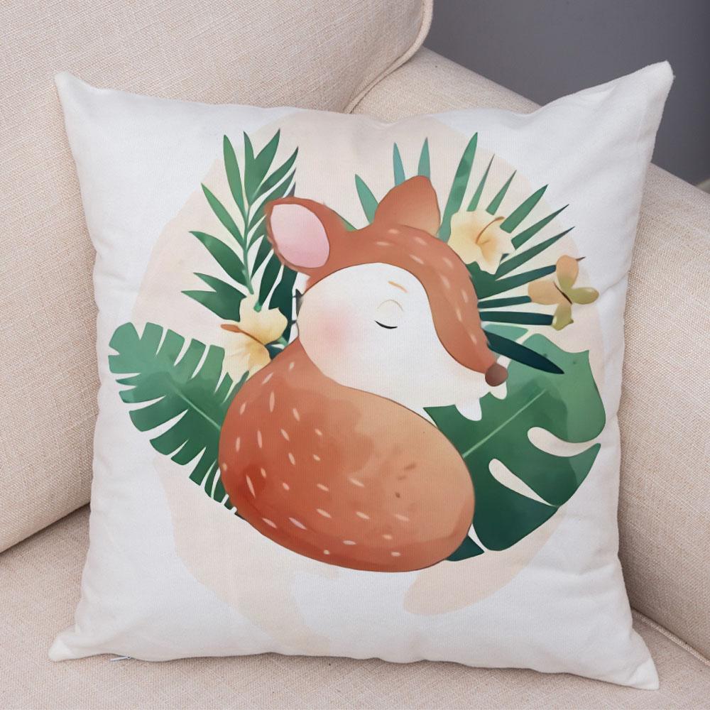 Cartoon Bird and Leaves Pillow Case Decor Cute Animal Lion Cushion Cover for Children Room Sofa Home Plush Pillowcase 45x45cm