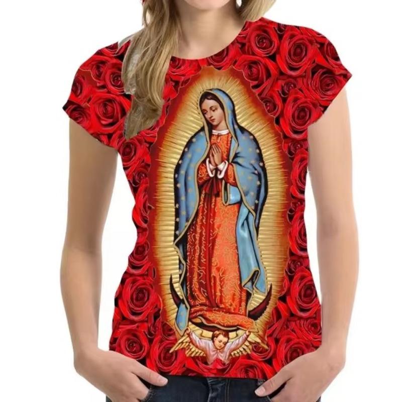 Camiseta unisex de alta calidad con estampado 3D de la Virgen María de Guadalupe, estilo católico, informal, de gran tamaño