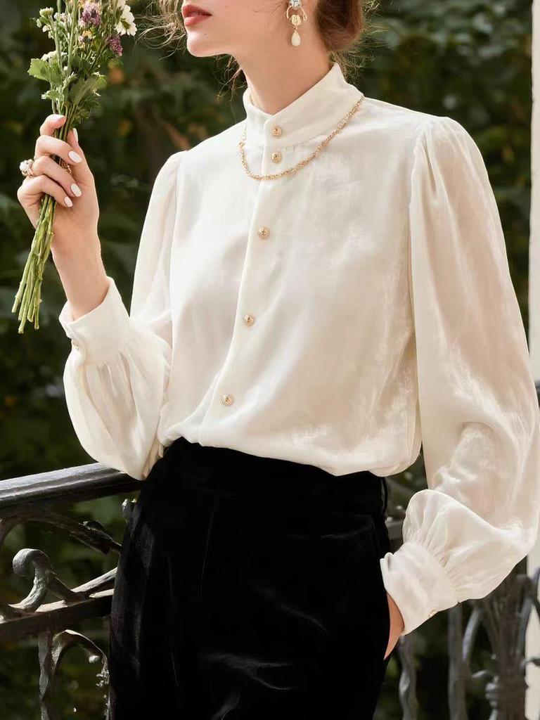 Women's Velvet Stand-Up Collar Shirt - 2025 Autumn/Winter Collection, High-End Long-Sleeved Top.