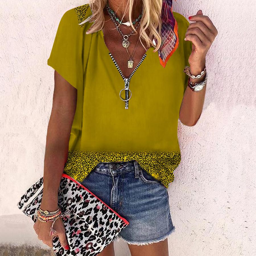 

Женский топ, летний новый модный топ с синим узором и цветком розы, повседневный топ на молнии с v-образным вырезом и короткими рукавами 4XL золотой