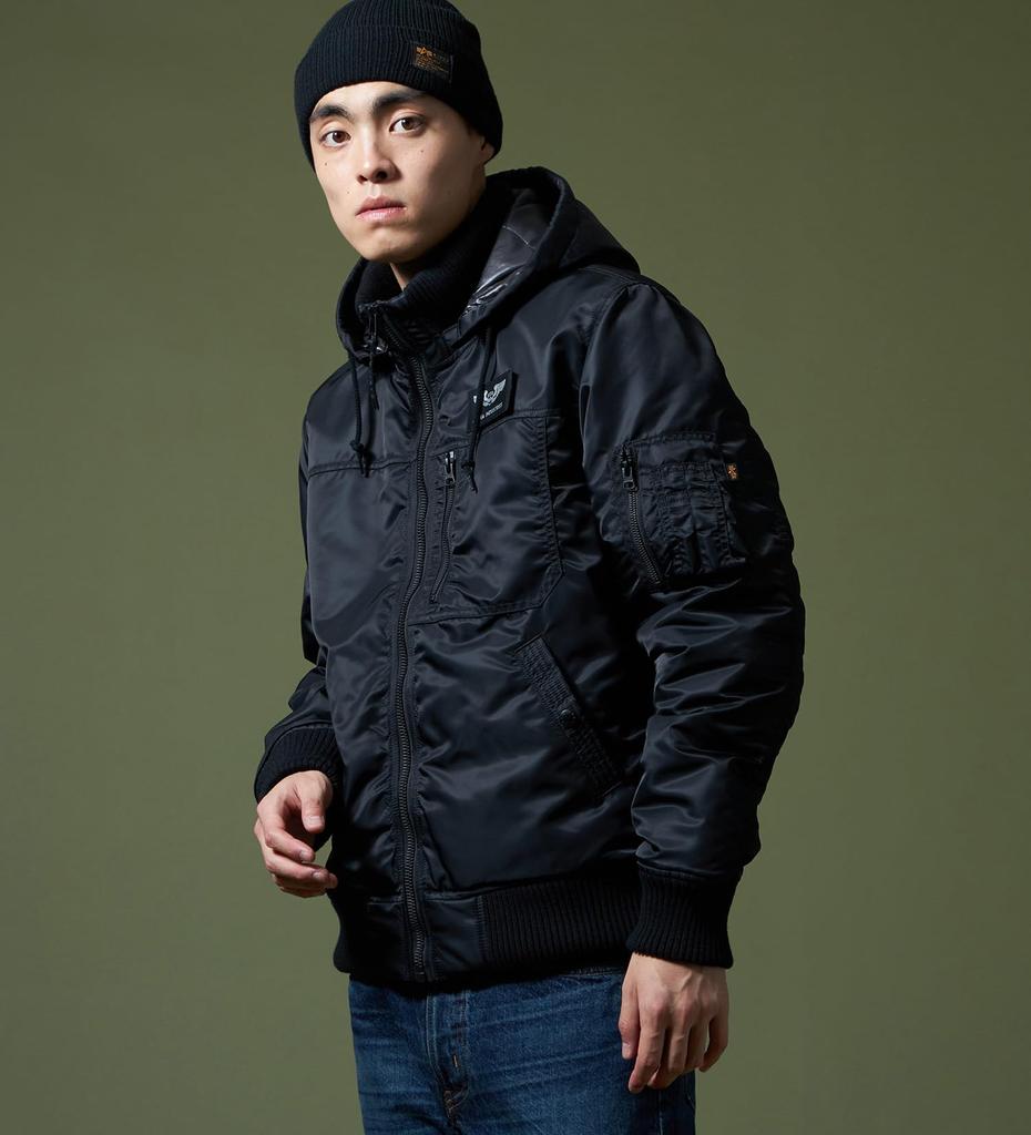 ALPHA INDUSTRIES Hooded Rib Jacket TA1716 Men's Size L BLACK