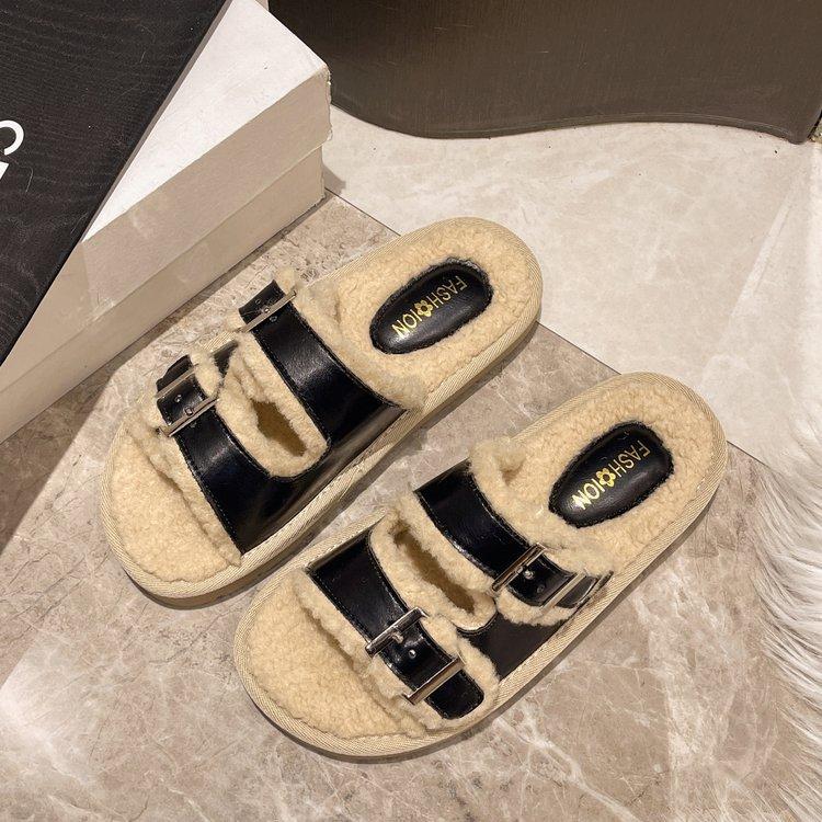 

Thick-bottomed velvet half-slippers for women s outer wear 2025 new autumn and winter muffin fluff drag versatile small height-increasing slippers 35