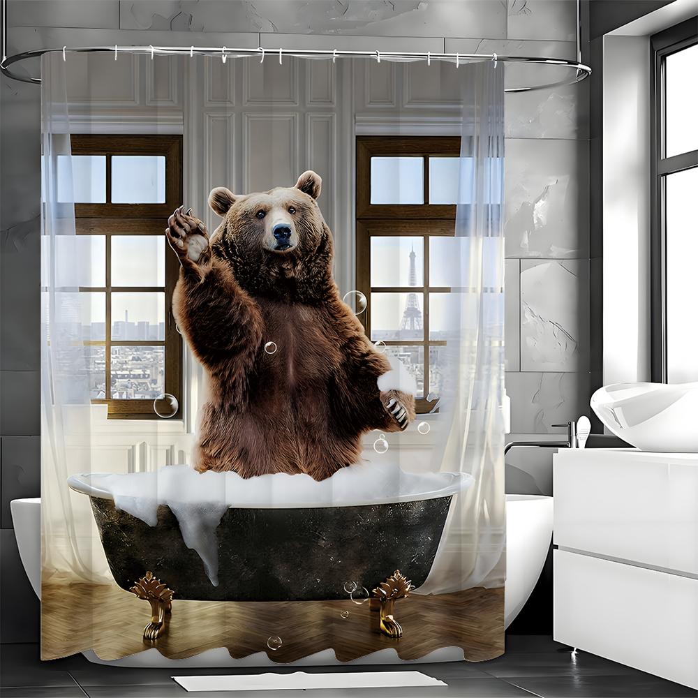 Brown Bear Standing In Bathtub Saying Hello Fun Shower Curtain, Bathroom Decorative Shower Curtain, Waterproof Shower Curtain Wi