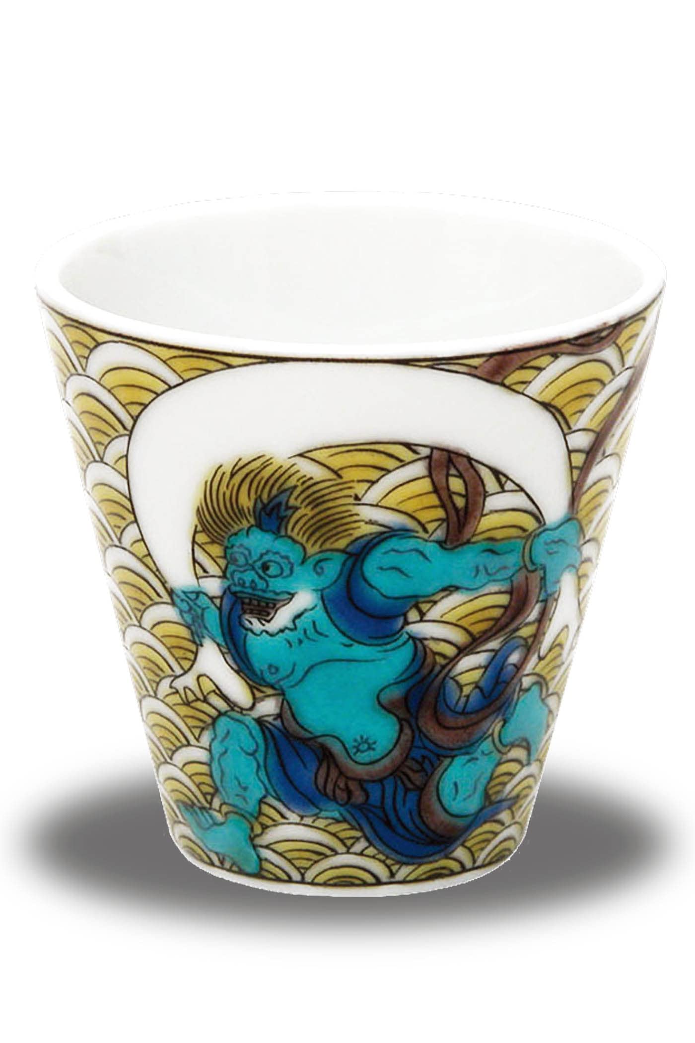 

Waza no Kura lucky sake cup, Kutani ware sake cup with designs of the Wind God and Thunder God, ceramic, branded, Japanese tableware, made in Japan