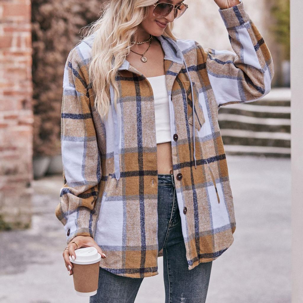 Veste Chemise Décontractée à Carreaux Manches Longues Boutonnée à Capuche à Poches Cordon de Serrage Mode Femme