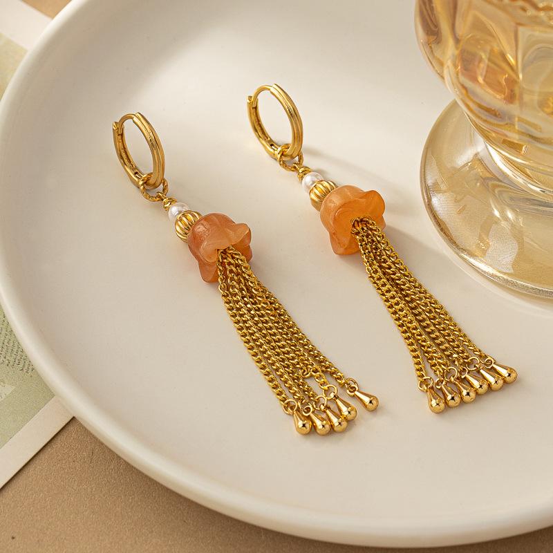 Elegante chinesische Quasten- & Perlenohrringe mit Glasur-Blumendesign für Damen